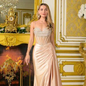 New Pearls Embellished Evening Soft Satin Dress w/ Sweetheart Neckline GL3807